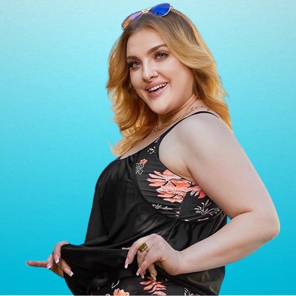 Black & Pink Floral Banded Tankini Two Piece  (Top Only) PLUS SIZE 20W - Picture 3 of 7